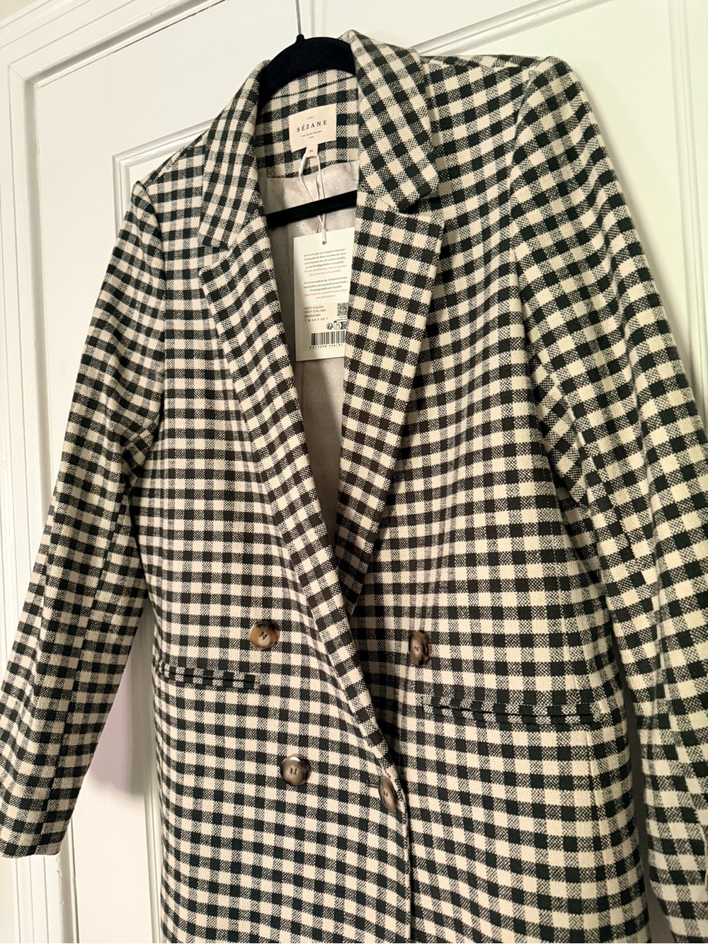 🌿NWT - Sezane Chelsea Gingham Blazer in Ecru & Khaki - size US 4 - Picture 6 of 11